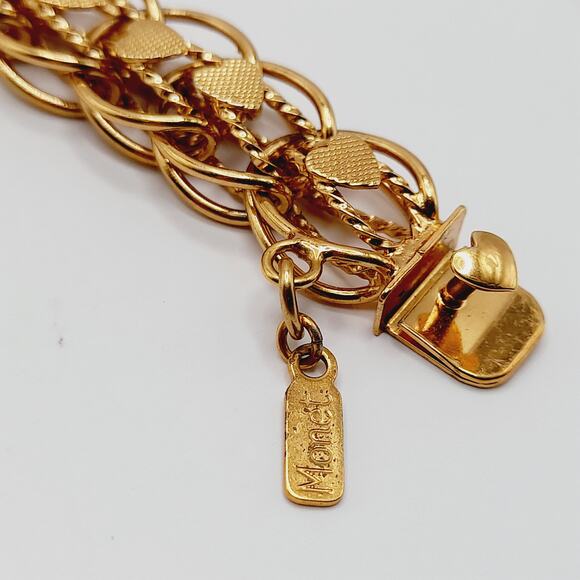 Vintage Monet Textured Gold Plated Bracelet with Push Knob Clasp 7.25” - Picture 5 of 7